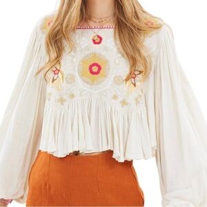 Free People Cream Embroidered Peasant Tunic with Yellow & Pink Accents